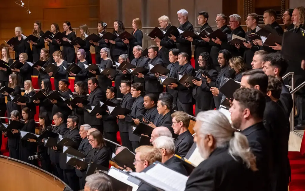 A picture of the Pacific Chorale performing.